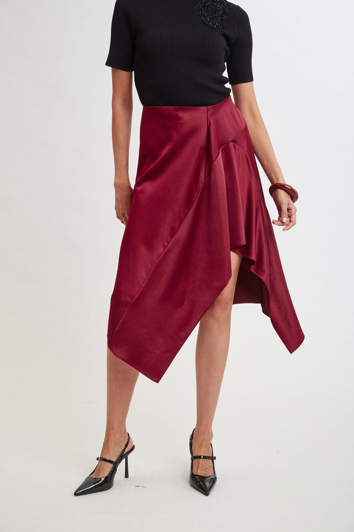 Elie Tahari Asymmetric Hem Satin Midi Skirt SANGRIA