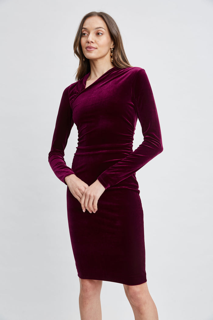 Elie Tahari Asymmetric Ruched Velvet Dress BURGUNDY