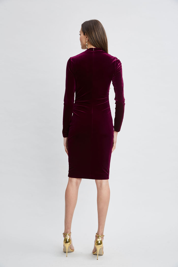 Elie Tahari Asymmetric Ruched Velvet Dress BURGUNDY