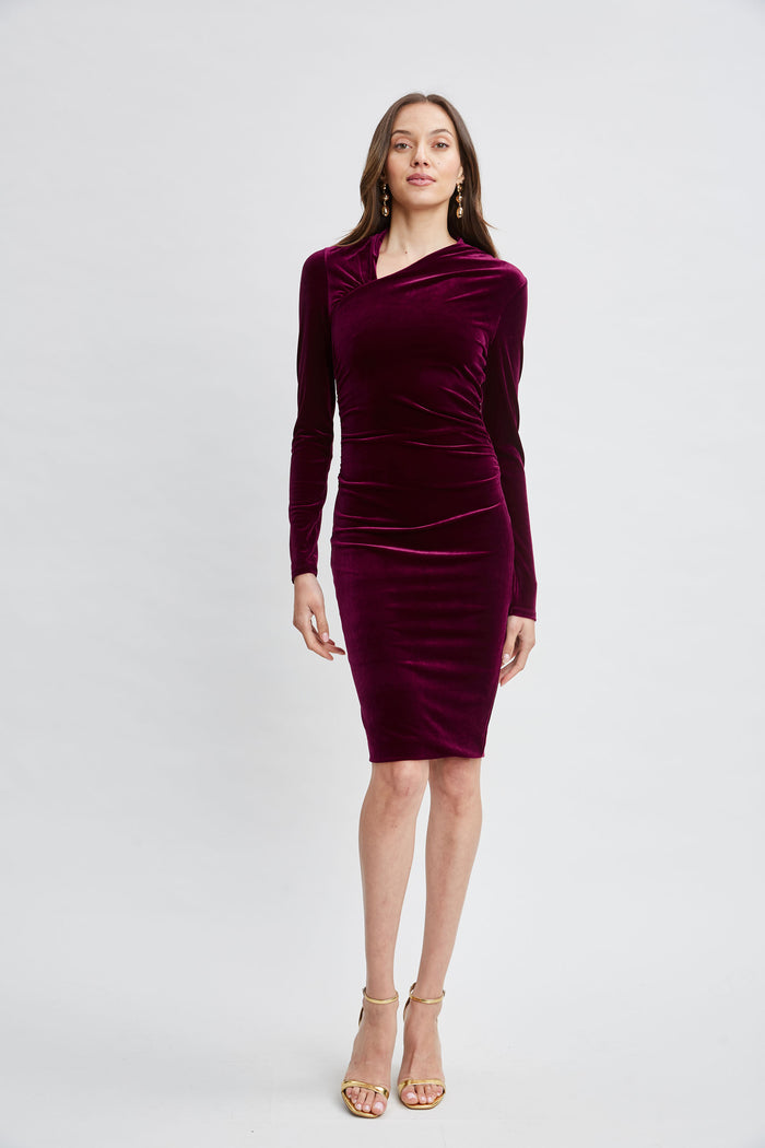 Elie Tahari Asymmetric Ruched Velvet Dress BURGUNDY