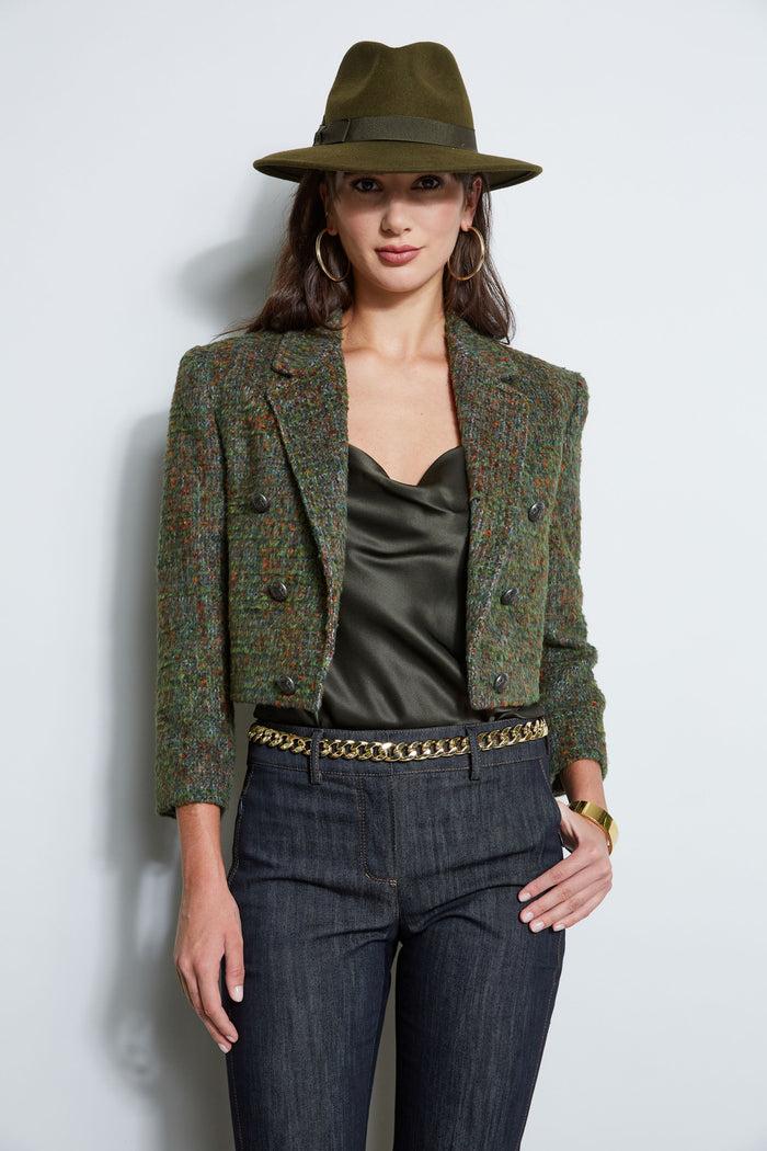 Elie Tahari Boucle Tweed Cropped Jacket OLIVE MULTI