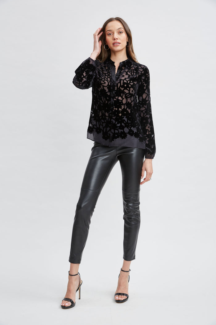 Elie Tahari Burnout Silk Velvet Burnout Shirt BLACK