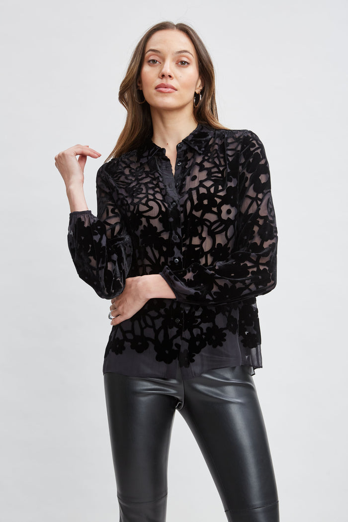 Elie Tahari Burnout Silk Velvet Burnout Shirt BLACK