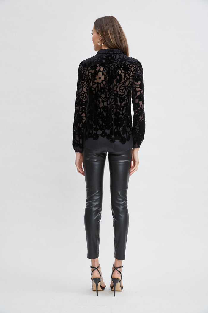 Elie Tahari Burnout Silk Velvet Burnout Shirt BLACK