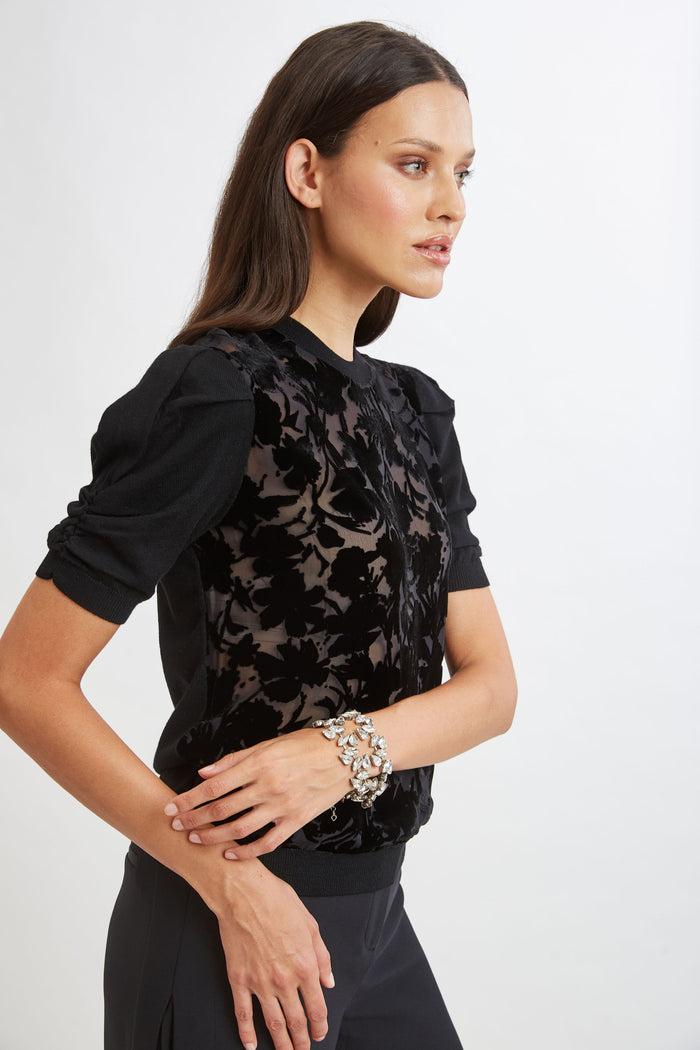 Elie Tahari Burnout Velvet Short Sleeve Sweater BLACK