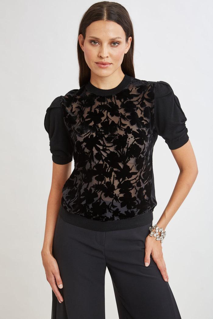 Elie Tahari Burnout Velvet Short Sleeve Sweater BLACK