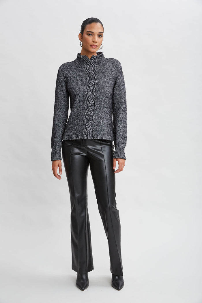 Elie Tahari Cable Front Cotton Merino Sweater BLACK MELANGE