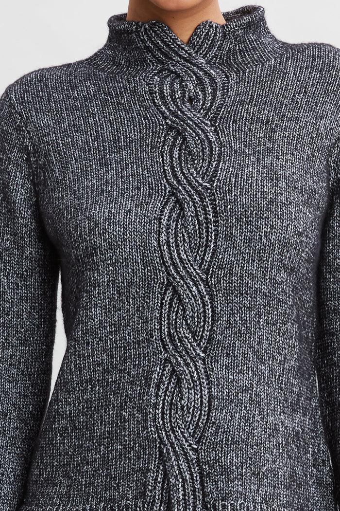 Elie Tahari Cable Front Cotton Merino Sweater BLACK MELANGE