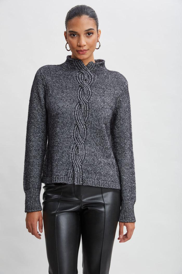Elie Tahari Cable Front Cotton Merino Sweater BLACK MELANGE