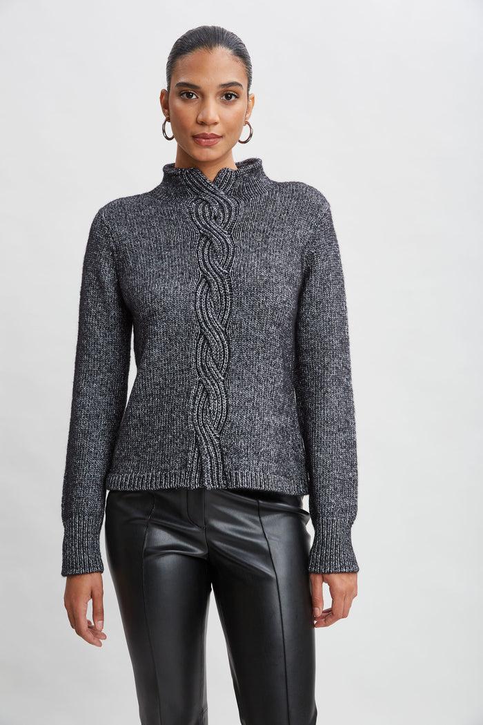 Elie Tahari Cable Front Cotton Merino Sweater BLACK MELANGE