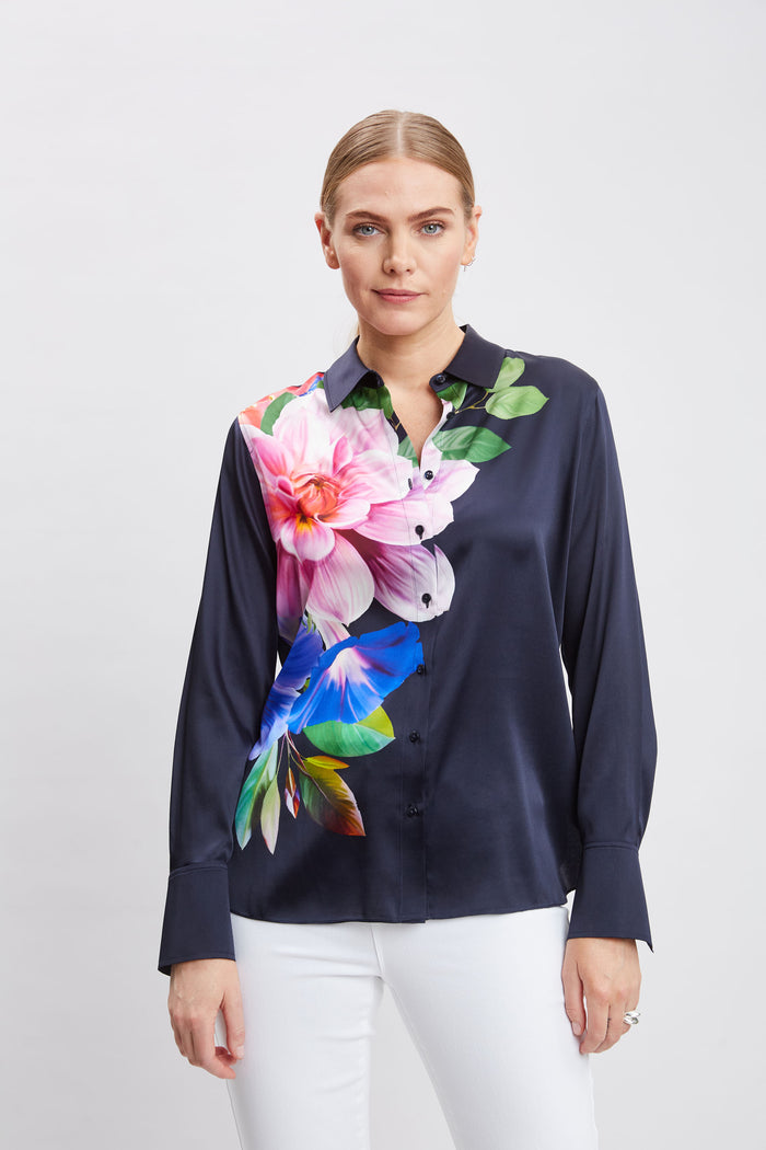Elie Tahari Cascade Digital Floral Shirt NAVY MULTI