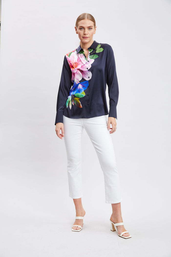 Elie Tahari Cascade Digital Floral Shirt NAVY MULTI