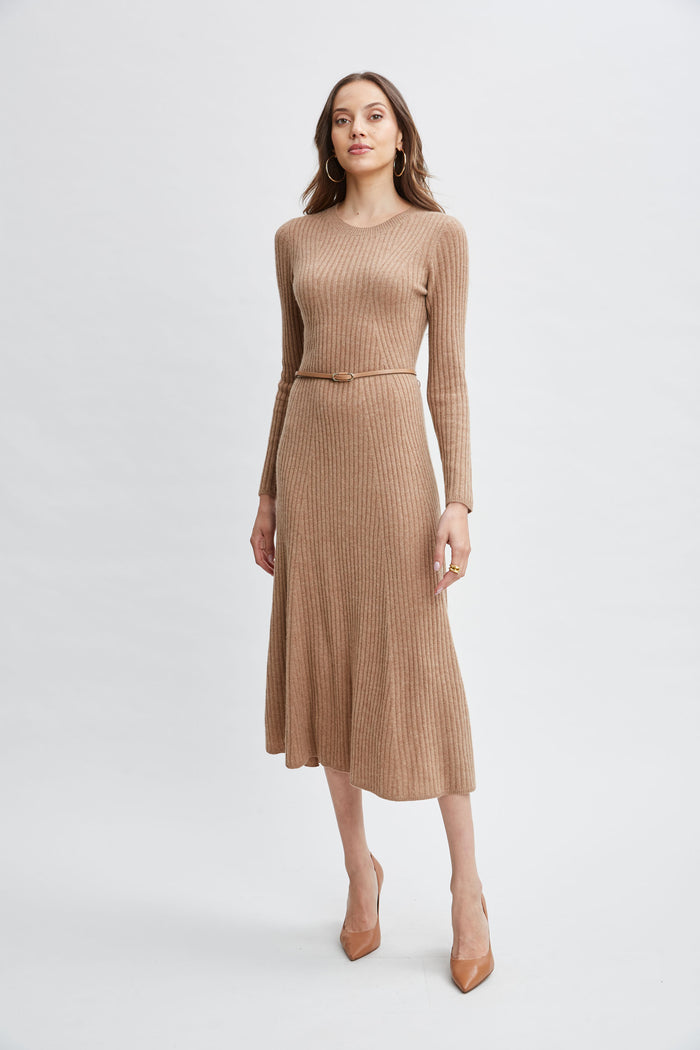 Elie Tahari Cashmere Long Sleeve Belted Dress SADDLE