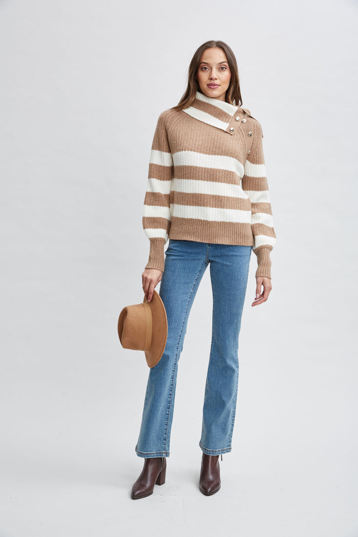 Elie Tahari Cashmere Stripe Sweater SADDLE/SKY WHITE