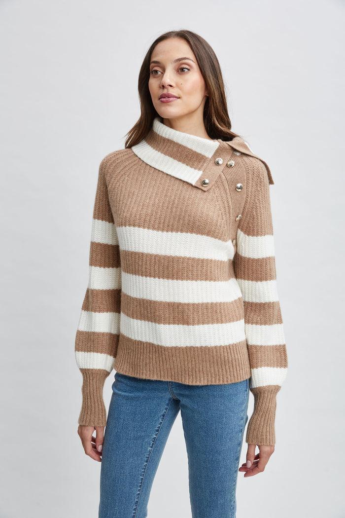 Elie Tahari Cashmere Stripe Sweater SADDLE/SKY WHITE