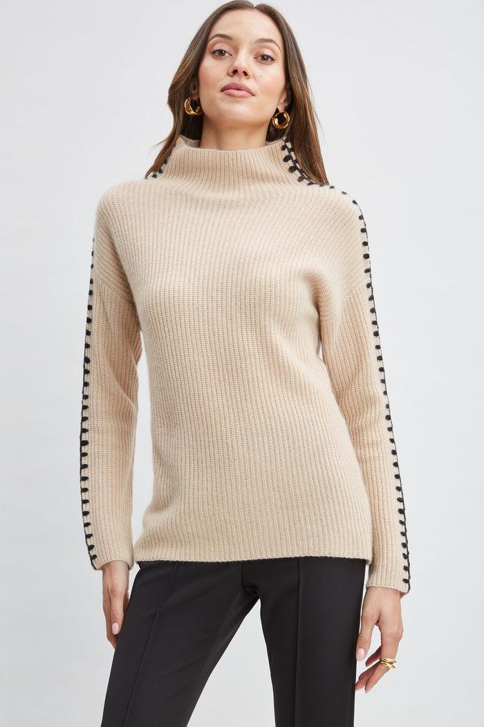 Elie Tahari Cashmere Whipstitch Sweater LIGHT SADDLE