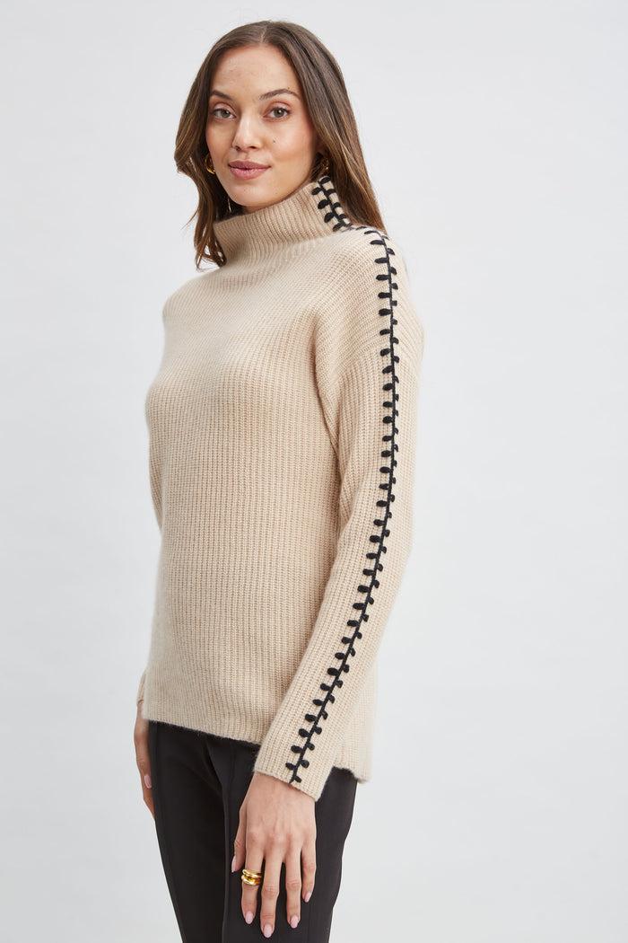 Elie Tahari Cashmere Whipstitch Sweater LIGHT SADDLE