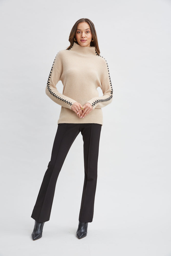 Elie Tahari Cashmere Whipstitch Sweater LIGHT SADDLE