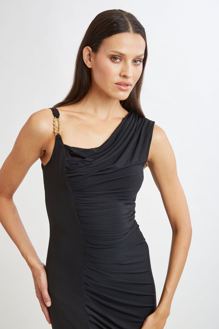 Elie Tahari Chain Detail Asymmetric Matte Jersey Dress BLACK