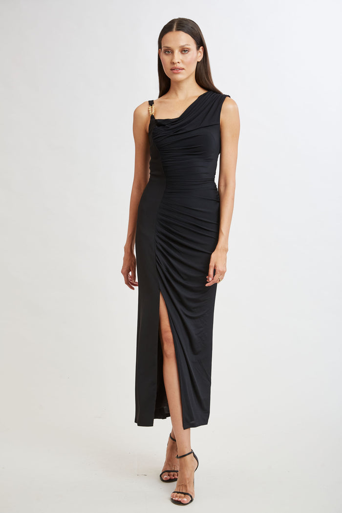 Elie Tahari Chain Detail Asymmetric Matte Jersey Dress BLACK