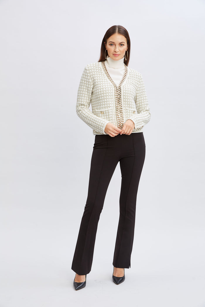 Elie Tahari Chain Trim Metallic Cardigan IVORY/GOLD LUREX