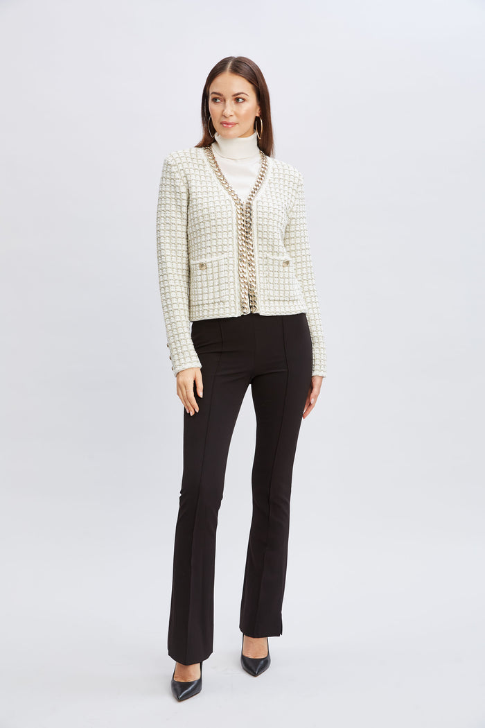 Elie Tahari Chain Trim Metallic Cardigan IVORY/GOLD LUREX