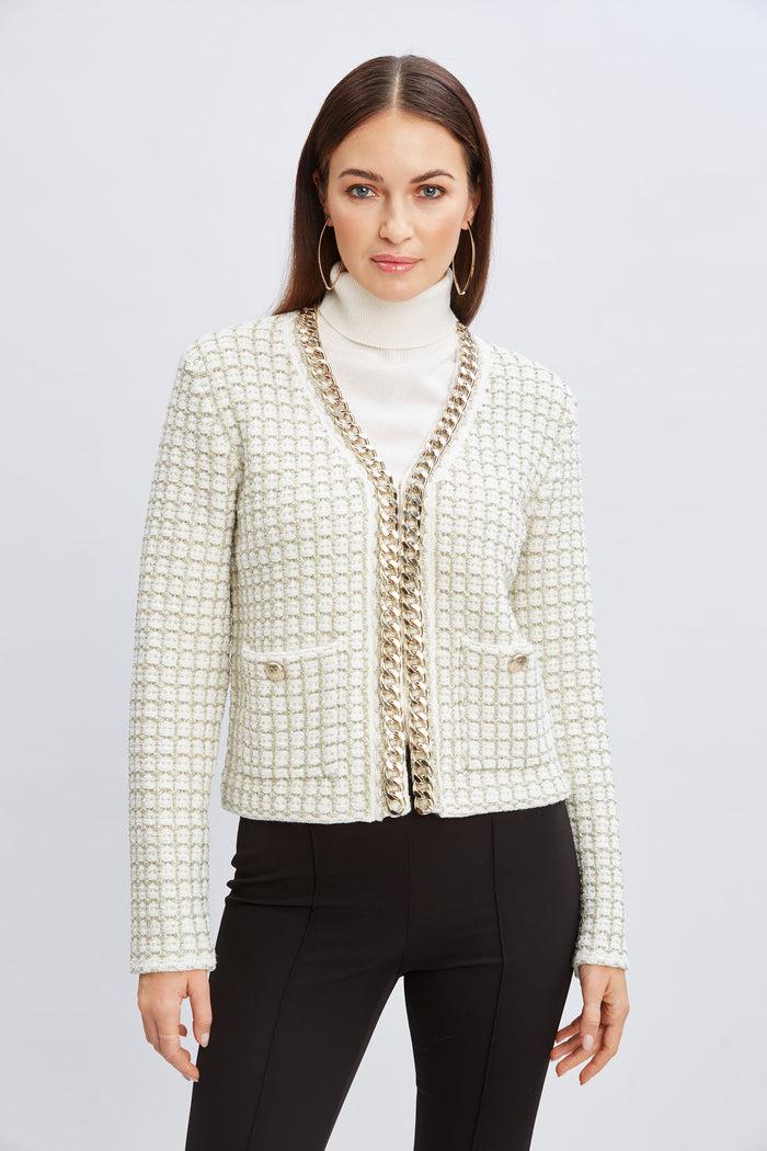 Elie Tahari Chain Trim Metallic Cardigan IVORY/GOLD LUREX