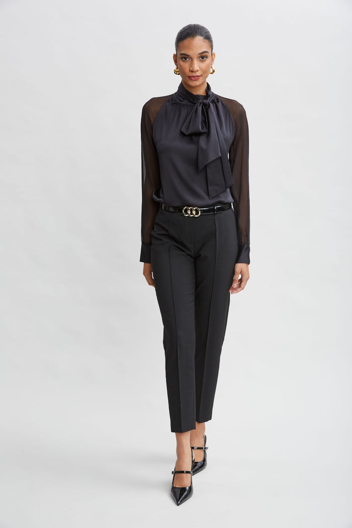 Elie Tahari Chiffon Sleeve Silk Satin Tie Shirt BLACK