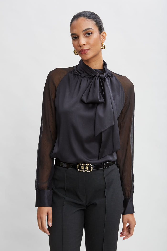 Elie Tahari Chiffon Sleeve Silk Satin Tie Shirt BLACK