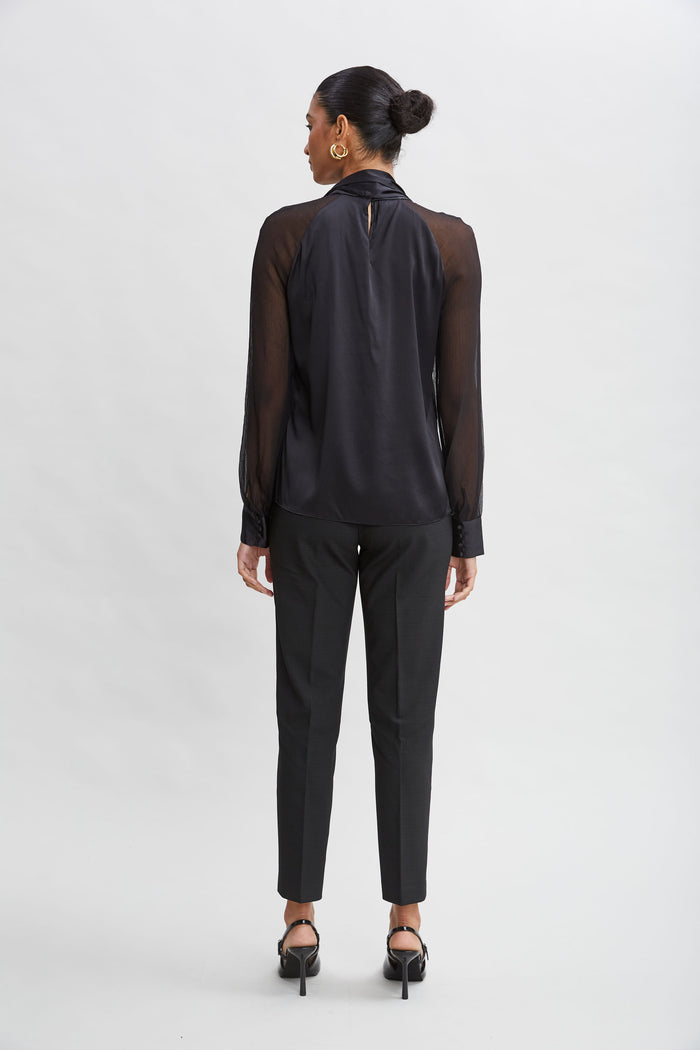 Elie Tahari Chiffon Sleeve Silk Satin Tie Shirt BLACK