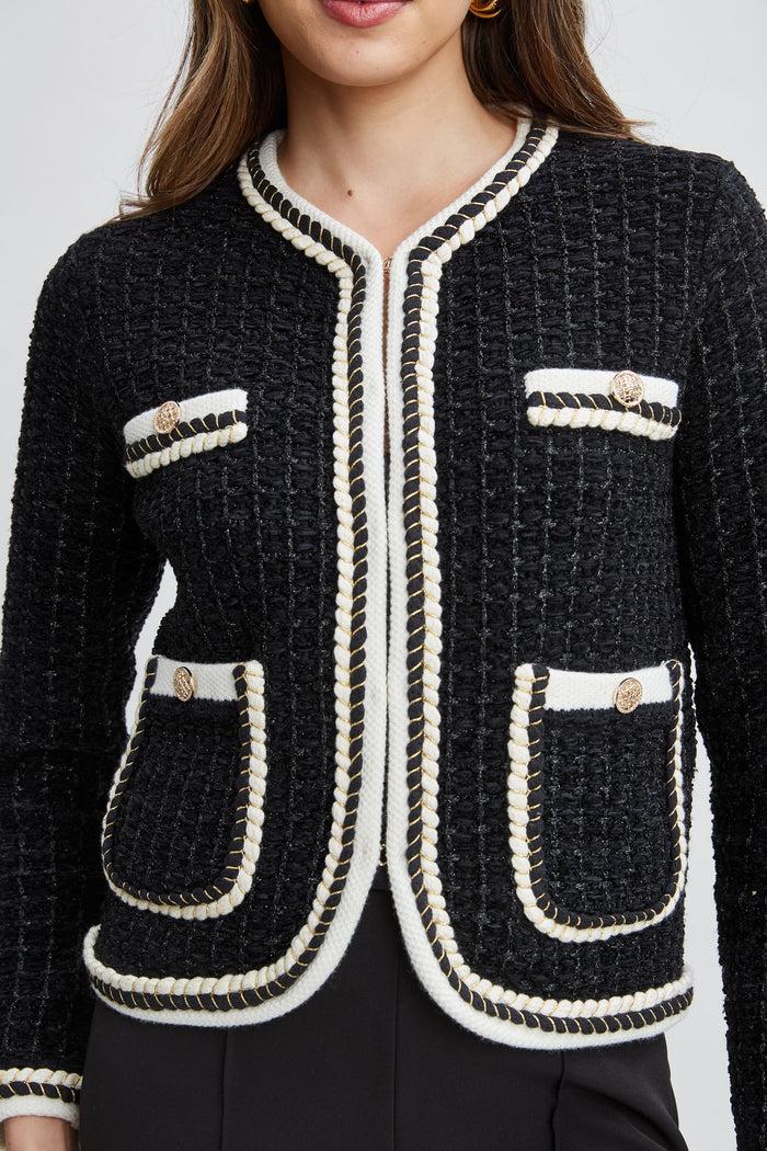Elie Tahari Contrast Cardigan Sweater Noir/Sky White