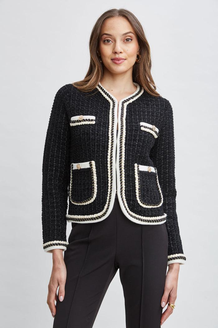 Elie Tahari Contrast Cardigan Sweater Noir/Sky White
