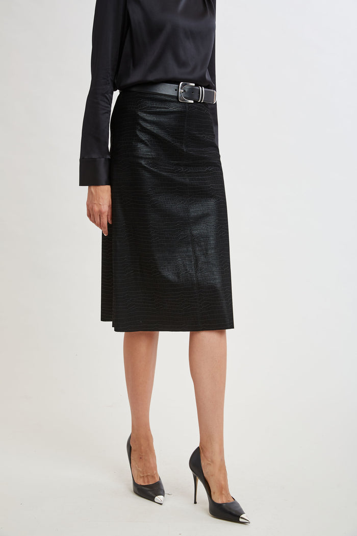 Elie Tahari Croco Embossed Vegan Leather Midi Skirt BLACK