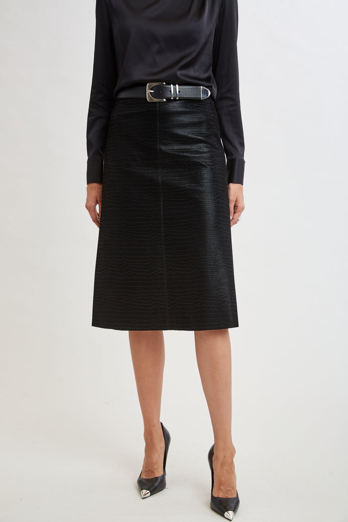 Elie Tahari Croco Embossed Vegan Leather Midi Skirt BLACK