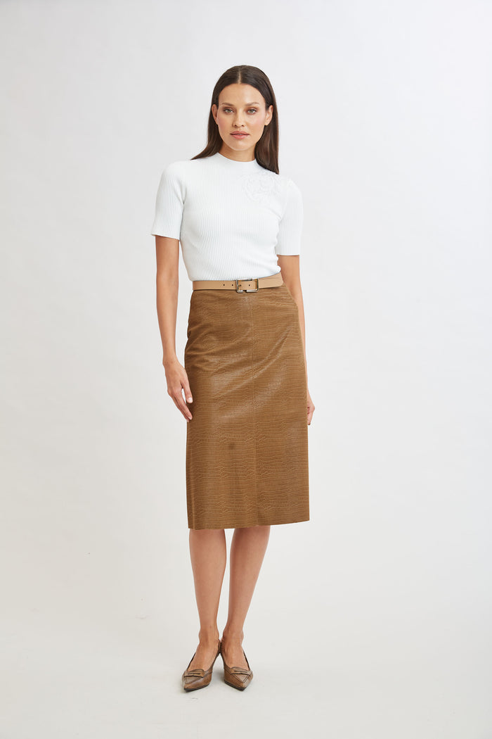 Elie Tahari Croco Embossed Vegan Leather Midi Skirt CARAMEL