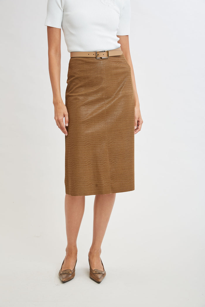 Elie Tahari Croco Embossed Vegan Leather Midi Skirt CARAMEL