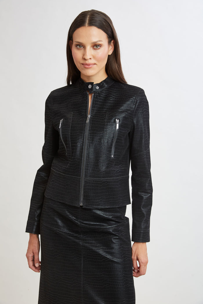 Elie Tahari Croco Embossed Vegan Leather Motto Jacket BLACK