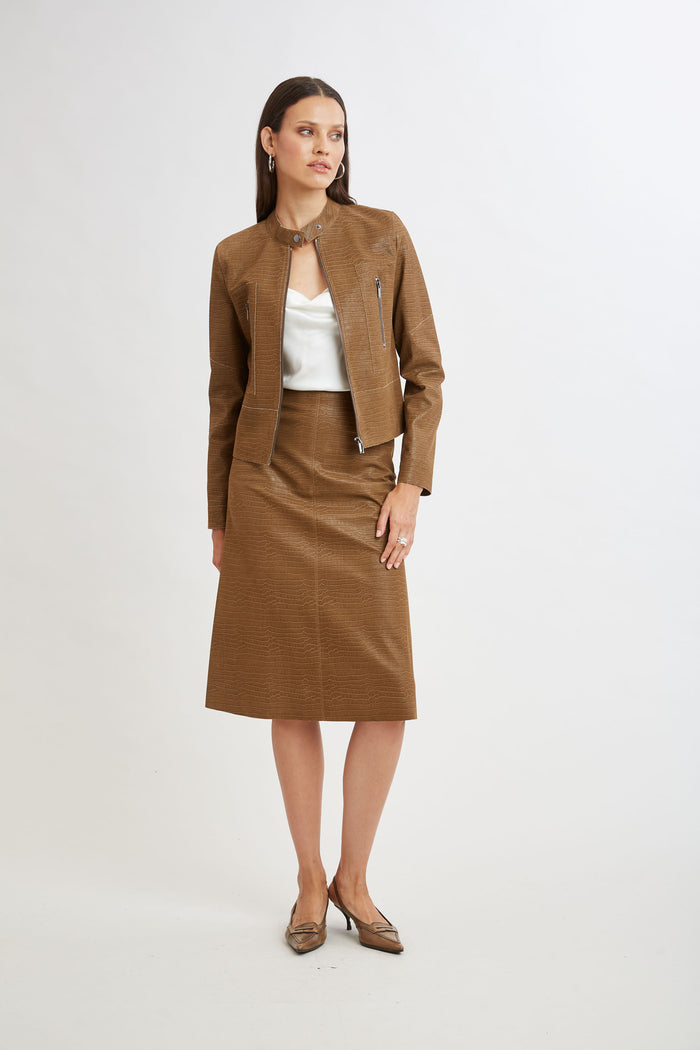 Elie Tahari Croco Embossed Vegan Leather Motto Jacket CARAMEL