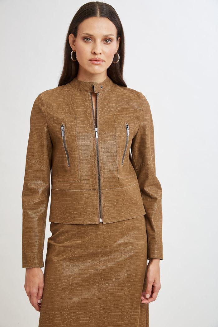 Elie Tahari Croco Embossed Vegan Leather Motto Jacket CARAMEL