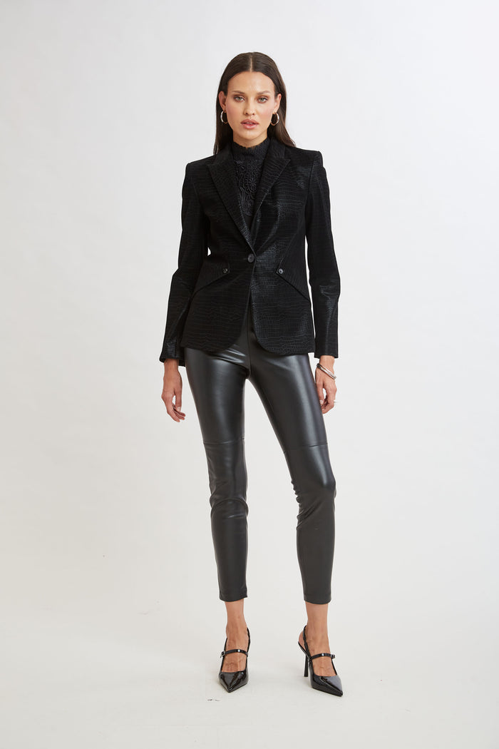 Elie Tahari Croco Embossed Vegan Leather Panel Blazer BLACK
