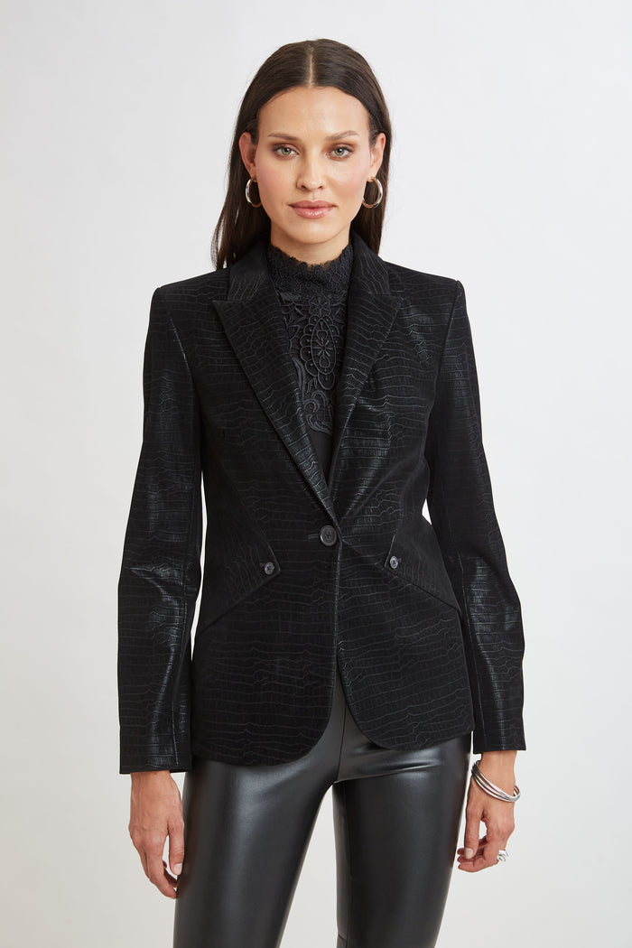 Elie Tahari Croco Embossed Vegan Leather Panel Blazer BLACK
