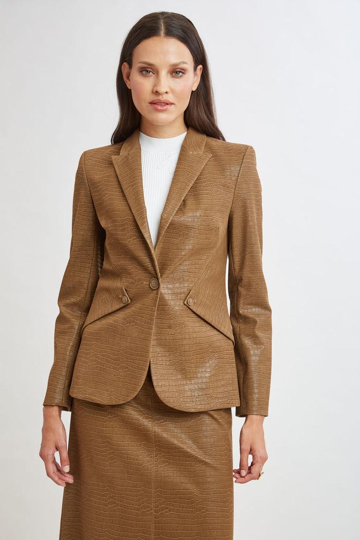 Elie Tahari Croco Embossed Vegan Leather Panel Blazer CARAMEL