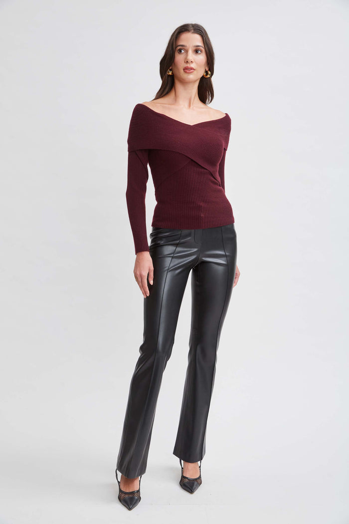 Elie Tahari Cross Shoulder Cashmere Merino Sweater MERLOT