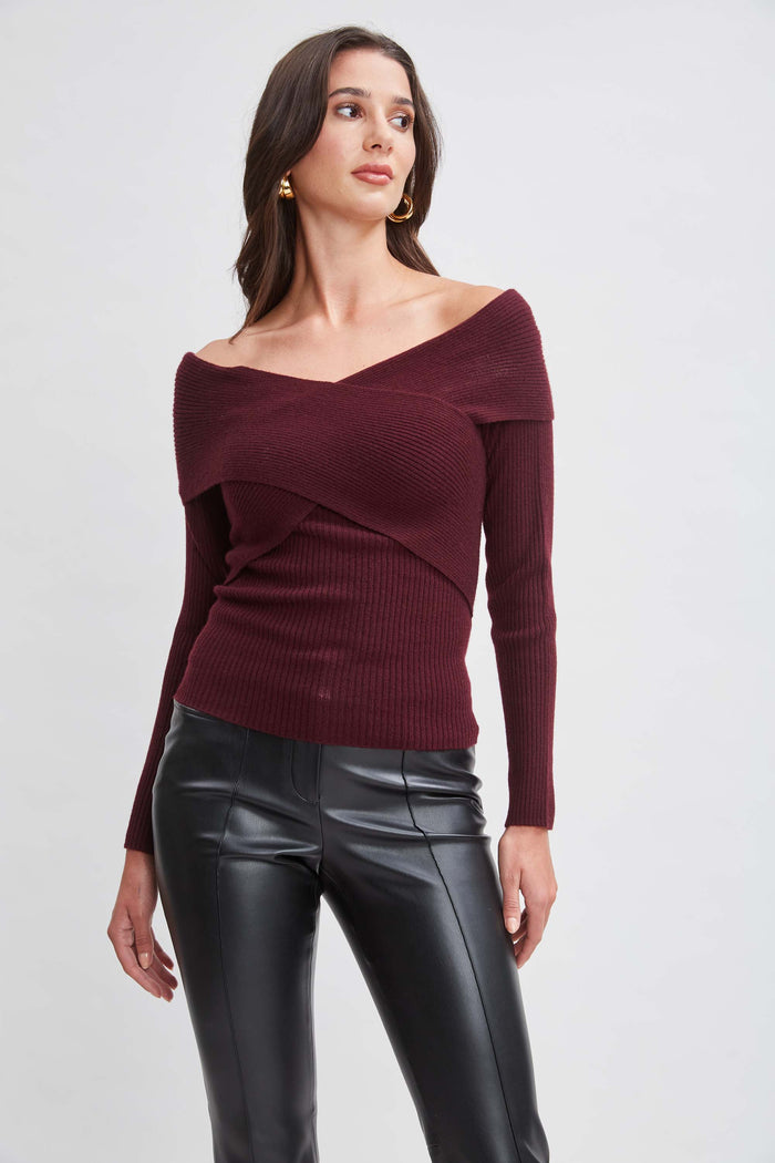 Elie Tahari Cross Shoulder Cashmere Merino Sweater MERLOT