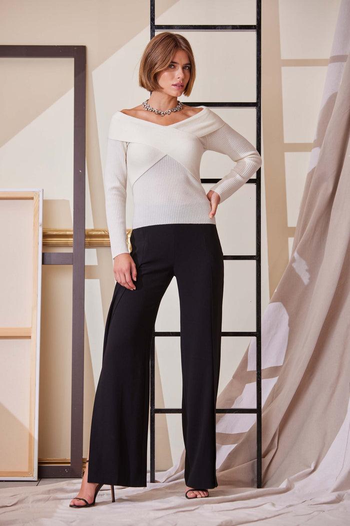 Elie Tahari Cross Shoulder Cashmere Merino Sweater SNOW