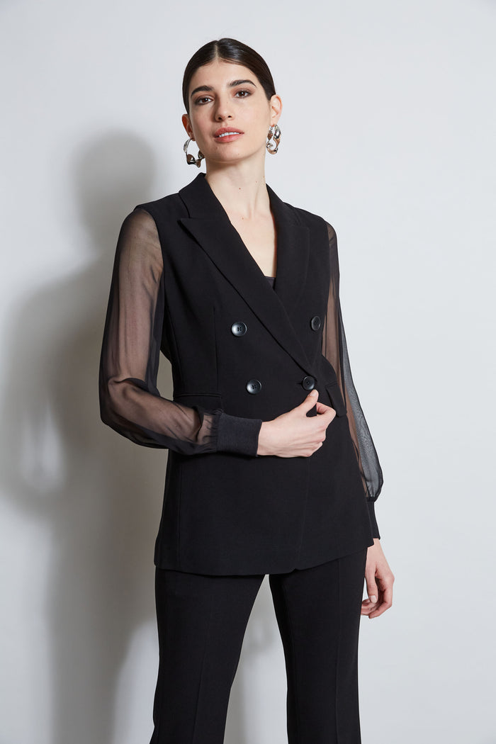 Elie Tahari Double Breasted Chiffon Sleeve Blazer BLACK