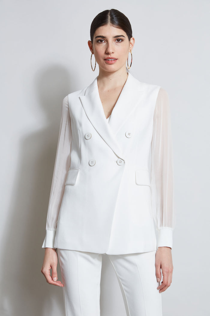 Elie Tahari Double Breasted Chiffon Sleeve Blazer FOAM