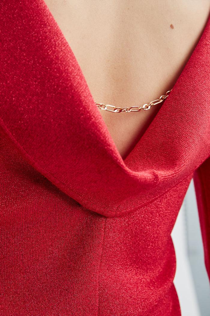Elie Tahari Draped Chain Lurex Sweater RUBY RED LUREX