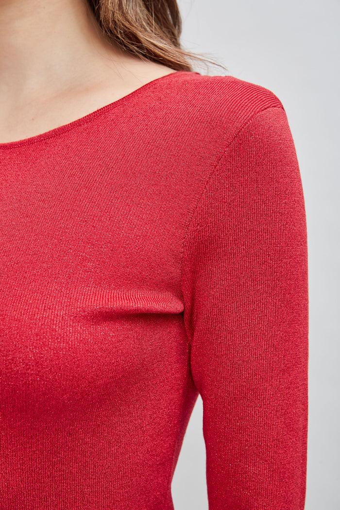 Elie Tahari Draped Chain Lurex Sweater RUBY RED LUREX