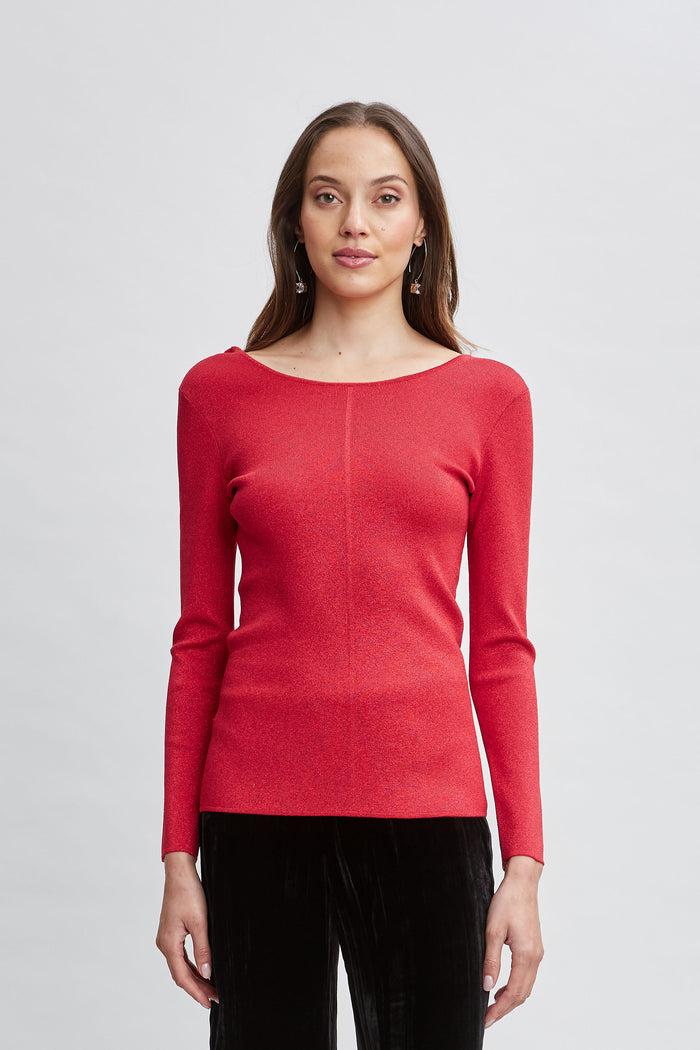 Elie Tahari Draped Chain Lurex Sweater RUBY RED LUREX